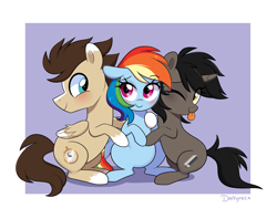 Size: 2900x2300 | Tagged: safe, artist:darkynez, imported from derpibooru, rainbow dash, oc, oc:ivy, oc:skittle, pegasus, unicorn, blushing, canon x oc, female, group hug, high res, hug, male, oc x oc, one eye closed, shipping, skidash, skivy, straight, tongue out, wink