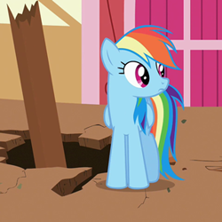 Size: 320x320 | Tagged: safe, imported from derpibooru, screencap, rainbow dash, pegasus, pony, derpibooru, season 2, the last roundup, female, juxtaposition, juxtaposition win, mare, meme, meta, ponyville town hall, town hall