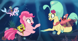 Size: 1757x935 | Tagged: safe, artist:urhangrzerg, imported from derpibooru, pinkie pie, princess skystar, silverstream, classical hippogriff, earth pony, hippogriff, pony, seapony (g4), my little pony: the movie, crossover, patrick star, seapony silverstream, spongebob squarepants, spongebob squarepants (character), squidward tentacles, underwater