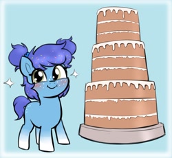 Size: 1818x1671 | Tagged: safe, artist:heretichesh, imported from derpibooru, oc, oc only, oc:birthday cake, earth pony, pony, blue background, blushing, cake, cute, female, filly, food, gradient hooves, looking at you, ocbetes, pigtails, simple background, smiling, smiling at you, solo, sparkles