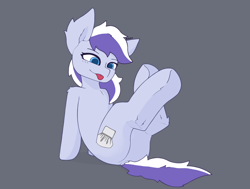 Size: 2216x1678 | Tagged: safe, artist:enzodoesart, imported from derpibooru, oc, oc only, oc:frost berry, earth pony, pony, :p, dock, laid back, purple background, purple fur, purple hair, simple background, sitting, solo, tongue out, underhoof, white hair