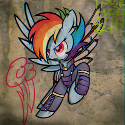 Size: 1280x1280 | Tagged: safe, artist:branewashpv, artist:theratedrshimmer, imported from derpibooru, rainbow dash, pegasus, pony, alternate timeline, amputee, apocalypse dash, badass, blood, crystal war timeline, determined, graffiti, grand theft auto, gta san andreas, scar, torn ear