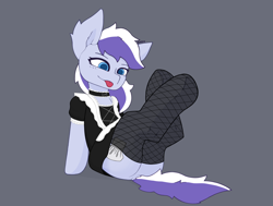 Size: 2216x1678 | Tagged: safe, alternate version, artist:enzodoesart, imported from derpibooru, oc, oc only, oc:frost berry, earth pony, pony, :p, choker, clothes, dock, fishnets, laid back, maid, purple background, purple fur, purple hair, simple background, sitting, socks, solo, stockings, thigh highs, tongue out, underhoof, white hair