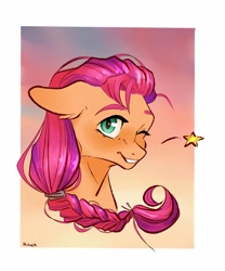 Size: 1800x2160 | Tagged: safe, artist:rover, artist:rrrover, imported from derpibooru, sunny starscout, pony, braid, bust, cute, digital art, g5, looking at you, one eye closed, portrait, postcard, smiling, smiling at you, solo, stars, sunnybetes, sunset, wink, winking at you