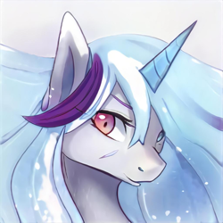 Size: 1024x1024 | Tagged: safe, artist:thisponydoesnotexist, imported from derpibooru, oc, pony, unicorn, ai content, ai generated, bicolor mane, bust, generator:thisponydoesnotexist, male, mysterious, neural network, pink eyes, portrait, scar, smiling, solo, stallion, two toned mane