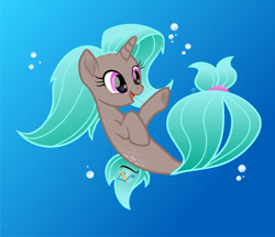 Size: 1280x1104 | Tagged: safe, artist:amjcreations, imported from derpibooru, oc, oc only, pony, seapony (g4), unicorn, base used, blue background, blue mane, bubble, dorsal fin, female, fish tail, flowing tail, horn, ocean, open mouth, purple eyes, seaponified, simple background, smiling, solo, species swap, tail, underwater, water
