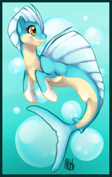 Size: 377x593 | Tagged: safe, artist:drackana, imported from derpibooru, oc, oc only, merpony, seapony (g4), bubble, crepuscular rays, dorsal fin, fish tail, flowing tail, ocean, signature, smiling, solo, sunlight, swimming, tail, underwater, water, yellow eyes