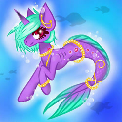 Size: 768x768 | Tagged: safe, artist:neisha-art, imported from derpibooru, oc, oc only, fish, merpony, pony, seapony (g4), unicorn, bubble, deviantart watermark, dorsal fin, fish tail, flowing tail, green mane, horn, jewelry, looking at you, necklace, obtrusive watermark, ocean, pearl necklace, red eyes, regalia, seaponified, smiling, solo, species swap, swimming, tail, underwater, water, watermark