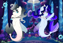 Size: 1280x865 | Tagged: safe, artist:watermeloo3, imported from derpibooru, oc, oc only, jellyfish, pegasus, pony, seapony (g4), unicorn, blue eyes, blue mane, bubble, coral, dorsal fin, female, fin wings, fish tail, flowing mane, flowing tail, horn, jewelry, necklace, ocean, purple eyes, seaponified, seaquestria, seaweed, species swap, tail, throne, throne room, underwater, water, wings