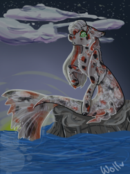 Size: 2448x3264 | Tagged: safe, artist:wolfofmagicwings, imported from derpibooru, oc, oc only, merpony, seapony (g4), bubble, chest fluff, cloud, dorsal fin, fish tail, flowing tail, green eyes, high res, morning, night, ocean, rock, signature, sitting, sky, solo, stars, tail, water