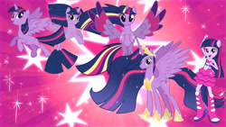 Size: 1280x720 | Tagged: safe, artist:yusakupham7, imported from derpibooru, twilight sparkle, alicorn, pony, seapony (g4), unicorn, equestria girls, equestria girls (movie), the last problem, bare shoulders, boots, clothes, crown, ethereal mane, female, fish tail, flowing mane, flowing tail, hoof shoes, horn, jewelry, looking at you, older, older twilight, open mouth, open smile, princess twilight 2.0, purple eyes, regalia, shoes, simple background, skirt, sleeveless, smiling, solo, spread wings, starry mane, strapless, tail, twilight sparkle (alicorn), wings