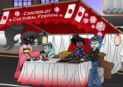 Size: 1063x752 | Tagged: safe, artist:lavenderrain24, imported from derpibooru, oc, oc:blissful trance, oc:ebony darkness, oc:rym, oc:shadow dancer, equestria girls, booth, clothes, festival, food, kimono (clothing), origami, origami crane, sushi, teaching