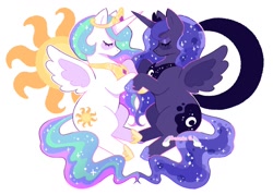 Size: 1200x861 | Tagged: safe, artist:sodabonnie, imported from derpibooru, princess celestia, princess luna, alicorn, pony, backwards cutie mark, crescent moon, cute, duo, eyes closed, female, horn, horns are touching, jewelry, mare, moon, profile, regalia, royal sisters, siblings, simple background, sisters, spread wings, sun, white background, wings