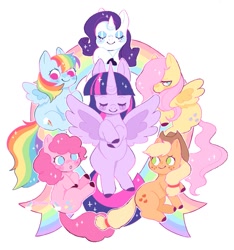 Size: 1125x1200 | Tagged: safe, artist:sodabonnie, imported from derpibooru, applejack, fluttershy, pinkie pie, rainbow dash, rarity, twilight sparkle, alicorn, earth pony, pegasus, pony, unicorn, colored hooves, cute, eyes closed, female, hair over one eye, mane six, mare, no pupils, rainbow, smiling, spread wings, twilight sparkle (alicorn), wings