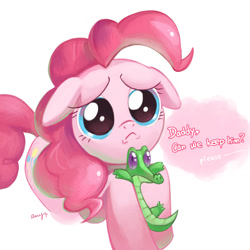 Size: 1181x1181 | Tagged: safe, artist:amy30535, imported from derpibooru, gummy, pinkie pie, alligator, earth pony, pony, :<, cute, diapinkes, female, floppy ears, frown, implied igneous rock pie, looking up, mare, puppy dog eyes, sad, simple background, solo, white background