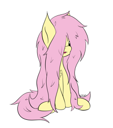 Size: 1793x2016 | Tagged: safe, artist:wapamario63, imported from ponybooru, fluttershy, pegasus, pony, chest fluff, colored, cute, female, flat colors, fluffy mane, hair over eyes, long mane, mare, messy mane, open mouth, shyabetes, simple background, sitting, solo, transparent background