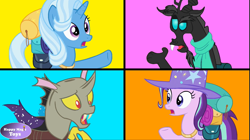 Size: 1279x716 | Tagged: safe, imported from derpibooru, discord, starlight glimmer, thorax, trixie, changeling, draconequus, pony, to where and back again, alternate color palette, alternate design, blue background, color palette, fusion, logo, orange background, palette swap, pink background, recolor, reformed four, screenshots, simple background, yellow background, youtube link