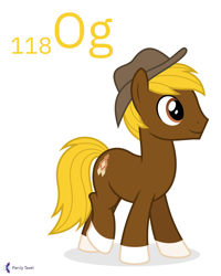 Size: 4000x5000 | Tagged: safe, artist:parclytaxel, imported from derpibooru, oc, oc only, oc:acres, earth pony, pony, series:joycall6's periodic table, .svg available, absurd resolution, chemistry, coat markings, commission, hat, male, oganesson, periodic table, simple background, smiling, socks (coat markings), solo, stallion, vector, white background