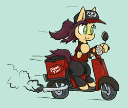 Size: 773x655 | Tagged: safe, anonymous artist, imported from ponybooru, oc, oc only, earth pony, /mlp/, 4chan, baseball cap, cap, clothed ponies, clothes, cute, delivery pony, drawthread, female, food, hat, motion lines, nyoom, ocbetes, pizza, pizza thot, scooter, shirt, simple background, solo