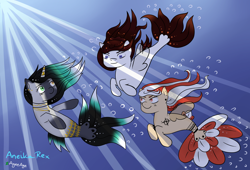 Size: 2800x1900 | Tagged: safe, artist:ageeage, imported from derpibooru, oc, oc only, pegasus, pony, seapony (g4), unicorn, bubble, crepuscular rays, dorsal fin, fin wings, fish tail, flowing mane, flowing tail, horn, looking at each other, ocean, seaponified, signature, smiling, species swap, sunlight, swimming, tail, underwater, water, wings