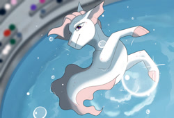 Size: 1280x871 | Tagged: safe, artist:witchtype, imported from derpibooru, oc, oc only, sea pony, seapony (g4), bubble, dorsal fin, fins, looking up, pink mane, smiling, solo, swimming pool, water