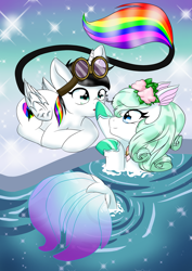 Size: 2059x2912 | Tagged: safe, artist:eternalcherryblossom, imported from derpibooru, oc, oc only, oc:lightning bliss, alicorn, pony, seapony (g4), black mane, blue eyes, boop, eyelashes, female, fish tail, flower, flower in hair, flowing tail, glasses, green mane, high res, horn, ice, looking at each other, lying down, multicolored hair, open mouth, smiling, snow, sparkles, tail, water, wings