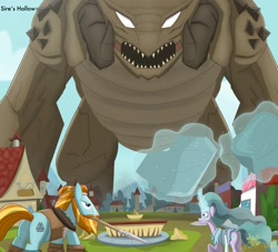 Size: 3385x3067 | Tagged: safe, artist:lordshrekzilla20, imported from derpibooru, mistmane, rockhoof, earth pony, kaiju, unicorn, fanfic:the one true king, boulder, butt, fanfic art, godzilla (series), high res, levitation, magic, methuselah, plot, sire's hollow, telekinesis