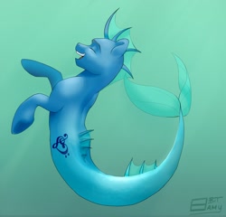 Size: 1280x1230 | Tagged: safe, artist:jusankikanxiii, imported from derpibooru, oc, oc only, hippocampus, hybrid, merpony, seapony (g4), dorsal fin, eyes closed, fish tail, flowing tail, logo, looking up, ocean, open mouth, open smile, smiling, solo, swimming, tail, teeth, underwater, water