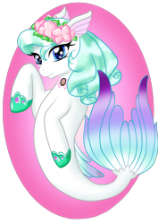 Size: 1446x2039 | Tagged: safe, artist:eternalcherryblossom, imported from derpibooru, oc, oc only, earth pony, pony, seapony (g4), blue eyes, dorsal fin, female, fish tail, flower, flower in hair, flowing tail, green mane, hoof shoes, jewelry, looking at you, necklace, seaponified, simple background, smiling, solo, species swap, tail, transparent background