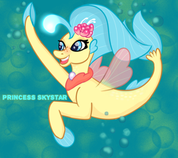 Size: 1668x1484 | Tagged: safe, artist:kiss-cute, imported from derpibooru, princess skystar, seapony (g4), my little pony: the movie, bioluminescent, blue background, blue eyes, blue mane, bubble, dorsal fin, eyelashes, female, fin wings, fins, fish tail, flower, flower in hair, flowing tail, freckles, glow, glowing, happy, high five, jewelry, necklace, open mouth, open smile, pearl, pearl necklace, simple background, smiling, solo, swimming, tail, teeth, underwater, wings