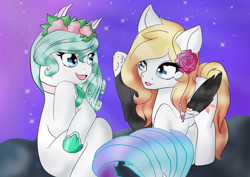 Size: 2912x2059 | Tagged: safe, artist:eternalcherryblossom, imported from derpibooru, oc, oc only, pony, seapony (g4), blue eyes, contest entry, eyelashes, feather, female, fish tail, flower, flower in hair, flowing tail, high res, hoof shoes, jewelry, looking at each other, necklace, night, open mouth, open smile, orange mane, sitting, sky, smiling, stars, tail, wings