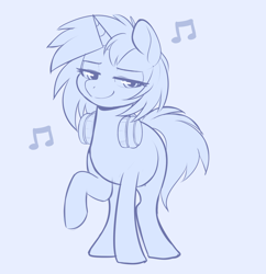 Size: 1546x1596 | Tagged: safe, artist:higgly-chan, imported from derpibooru, dj pon-3, vinyl scratch, pony, unicorn, female, headphones, lidded eyes, mare, missing accessory, monochrome, music notes, raised hoof, simple background, smiling, solo