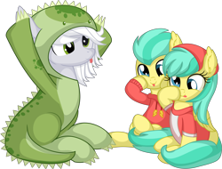 Size: 8189x6236 | Tagged: safe, artist:cyanlightning, imported from derpibooru, barley barrel, pickle barrel, oc, oc:fossil fluster, earth pony, pegasus, pony, .svg available, animal costume, animal onesie, boop, clothes, colt, costume, derp, dinosaur costume, female, filly, foalsitting, folded wings, hoodie, kigurumi, male, mare, onesie, self-boop, sitting, tongue out, vector, wings
