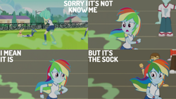 Size: 1280x720 | Tagged: safe, edit, edited screencap, editor:quoterific, imported from derpibooru, screencap, curly winds, rainbow dash, some blue guy, tennis match, equestria girls, equestria girls series, sock it to me, sock it to me: bulk biceps, spoiler:eqg series (season 2), blushing, female, male, open mouth