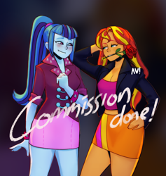 Size: 3000x3169 | Tagged: safe, artist:afyillustration, imported from derpibooru, sonata dusk, sunset shimmer, siren, equestria girls, blushing, breasts, cleavage, clothes, commission, disguise, disguised siren, female, flower, flower in mouth, high res, jacket, leather jacket, lesbian, mouth hold, obtrusive watermark, ponytail, rose, shipping, skirt, sunata, watermark