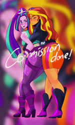 Size: 3000x5000 | Tagged: safe, artist:afyillustration, imported from derpibooru, aria blaze, sunset shimmer, siren, equestria girls, blushing, boots, clothes, commission, disguise, disguised siren, female, high heel boots, hug, hug from behind, jacket, jeans, kissy face, leather jacket, lesbian, obtrusive watermark, pants, pigtails, shipping, shoes, skirt, sleeveless, sunblaze, twintails, watermark