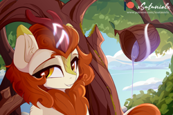 Size: 4099x2745 | Tagged: safe, artist:xsatanielx, imported from derpibooru, autumn blaze, kirin, cropped, looking at you, magic, patreon, patreon logo, scenery, smiling, solo, tree