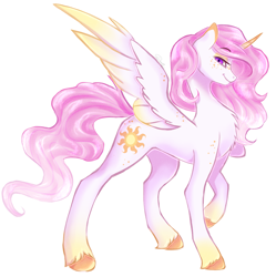 Size: 3111x3118 | Tagged: safe, artist:damayantiarts, imported from derpibooru, princess celestia, alicorn, pony, chest fluff, colored wings, curved horn, female, freckles, gradient hooves, gradient wings, high res, horn, looking at you, mare, pink-mane celestia, raised hoof, solo, spread wings, teenager, unshorn fetlocks, wings, young celestia, younger