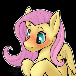 Size: 1000x1000 | Tagged: safe, artist:sursiq, imported from derpibooru, fluttershy, pegasus, pony, big eyes, black background, blue eyes, blushing, blushing profusely, bust, cute, daaaaaaaaaaaw, female, hooves, pink hair, pink mane, raised hoof, shading, shyabetes, simple background, solo, watermark, white outline, wings