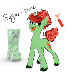 Size: 1519x1553 | Tagged: safe, artist:damayantiarts, imported from derpibooru, oc, oc only, oc:sugar bomb, earth pony, pony, creeper, cute, dynamite, explosives, freckles, frizzy hair, minecraft, ocbetes, ponified, solo, unshorn fetlocks
