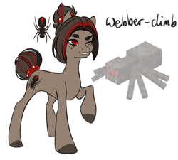 Size: 1656x1493 | Tagged: safe, artist:damayantiarts, imported from derpibooru, oc, oc only, oc:webber-climb, earth pony, pony, spider, freckles, hair bun, minecraft, one eye closed, ponified, raised hoof, slim, solo, tail bun, wink