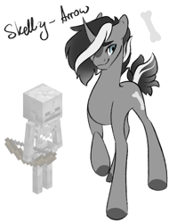 Size: 1387x1665 | Tagged: safe, artist:damayantiarts, imported from derpibooru, oc, oc only, oc:skelly-arrow, pony, unicorn, bone, bow (weapon), hair over one eye, minecraft, nonbinary, ponified, raised hoof, skeleton, slim, solo