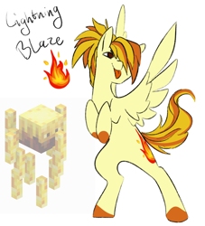 Size: 1486x1640 | Tagged: safe, artist:damayantiarts, imported from derpibooru, blaze, oc, oc only, oc:lightning blaze, pegasus, pony, blaze (minecraft), fiery mane, fiery tail, hair over one eye, minecraft, ponified, solo, tongue out