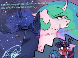 Size: 2048x1536 | Tagged: safe, artist:kaifeather, imported from derpibooru, princess celestia, princess luna, twilight sparkle, alicorn, pony, aeroplanes and meteor showers, airplanes (song), blushing, crossover, crossover shipping, crying, cursed image, female, incest, joke, lesbian, male, mordecai, mordetwi, princest, question mark, regular show, shipping, straight