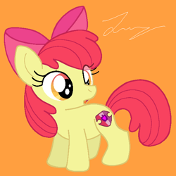 Size: 576x576 | Tagged: safe, artist:heartinarosebud, imported from derpibooru, apple bloom, earth pony, pony, adorabloom, cute, female, filly, open mouth, orange background, simple background, solo