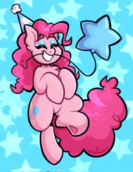 Size: 1592x2048 | Tagged: safe, artist:shyshyoctavia, imported from derpibooru, pinkie pie, earth pony, pony, balloon, bipedal, blue background, chest fluff, cute, diapinkes, ear fluff, eyeshadow, female, hat, hooves to the chest, makeup, mare, mouth hold, party hat, redraw, simple background, smiling, solo, stars