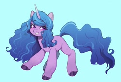 Size: 2039x1378 | Tagged: safe, artist:ikirunosindo, imported from derpibooru, izzy moonbow, pony, unicorn, blue background, blushing, chest fluff, cute, ear fluff, eye clipping through hair, eyebrows, eyebrows visible through hair, female, g5, izzybetes, leg fluff, mare, simple background, smiling, solo, unshorn fetlocks