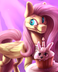 Size: 4000x5000 | Tagged: safe, artist:themessyfangirl, imported from derpibooru, angel bunny, fluttershy, pegasus, pony, robot, robot pony, animatronic, animatronic pony, carlbunny, cupcake, female, five nights at freddy's, flutterchica, food, mare