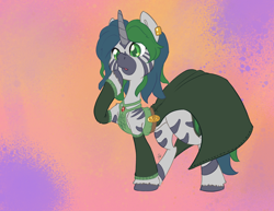 Size: 3300x2550 | Tagged: safe, alternate version, artist:leadhooves, imported from derpibooru, oc, oc only, oc:forest glade, hybrid, pony, zebra, zebracorn, zony, abstract background, belt, clothes, commission, detached sleeves, dress, ear piercing, heart eyes, high res, horn, open mouth, piercing, quadrupedal, raised hoof, solo, unshorn fetlocks, wingding eyes, zoomorphic