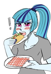 Size: 1100x1600 | Tagged: safe, artist:zachc, imported from derpibooru, sonata dusk, equestria girls, blush sticker, blushing, clothes, eating, exclamation point, female, food, looking at you, ponytail, shirt, solo, sonataco, t-shirt, taco, that girl sure loves tacos, that pony sure does love tacos, that siren sure does love tacos